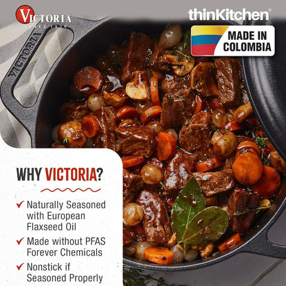 Victoria 6-Quart Cast Iron Dutch Oven with Lid and Dual Loop Handles, Seasoned with Flaxseed Oil, Made in Colombia,Black
