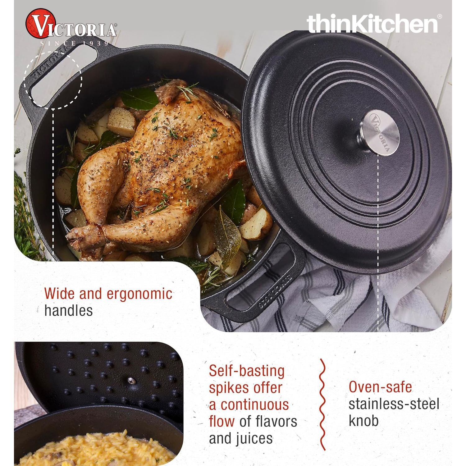 Victoria 6-Quart Cast Iron Dutch Oven with Lid and Dual Loop Handles, Seasoned with Flaxseed Oil, Made in Colombia,Black - 3