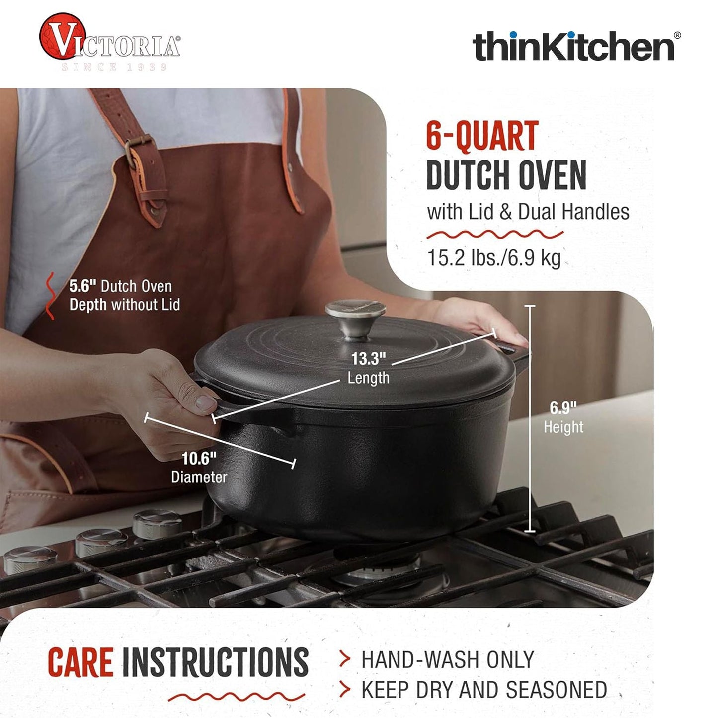 Victoria 6-Quart Cast Iron Dutch Oven with Lid and Dual Loop Handles, Seasoned with Flaxseed Oil, Made in Colombia,Black