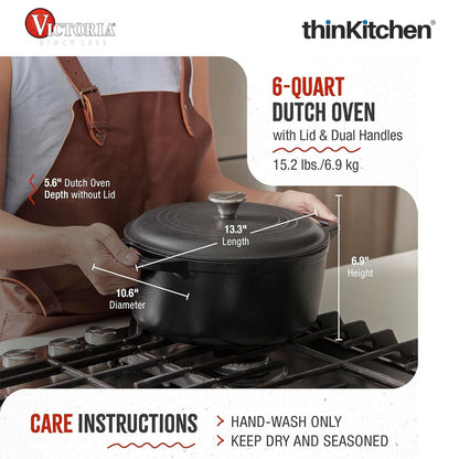 Victoria 6-Quart Cast Iron Dutch Oven with Lid and Dual Loop Handles, Seasoned with Flaxseed Oil, Made in Colombia,Black