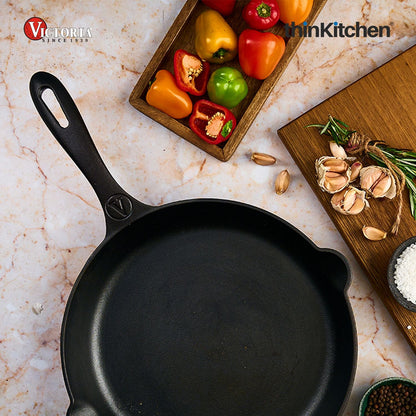 Victoria Cast Iron Skillet Large Frying Pan with Helper Handle Seasoned with 100% Kosher Certified Non-GMO Flaxseed Oil, 12 Inch, Black