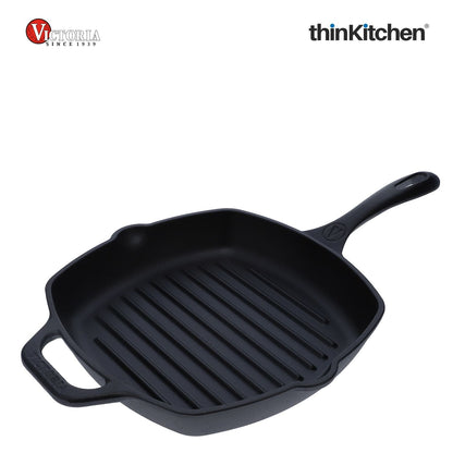 Victoria Cast Iron Grill Pan. Square Grill Pan, Seasoned with 100% Kosher Certified Non-GMO Flaxseed Oil, 10 Inch Black