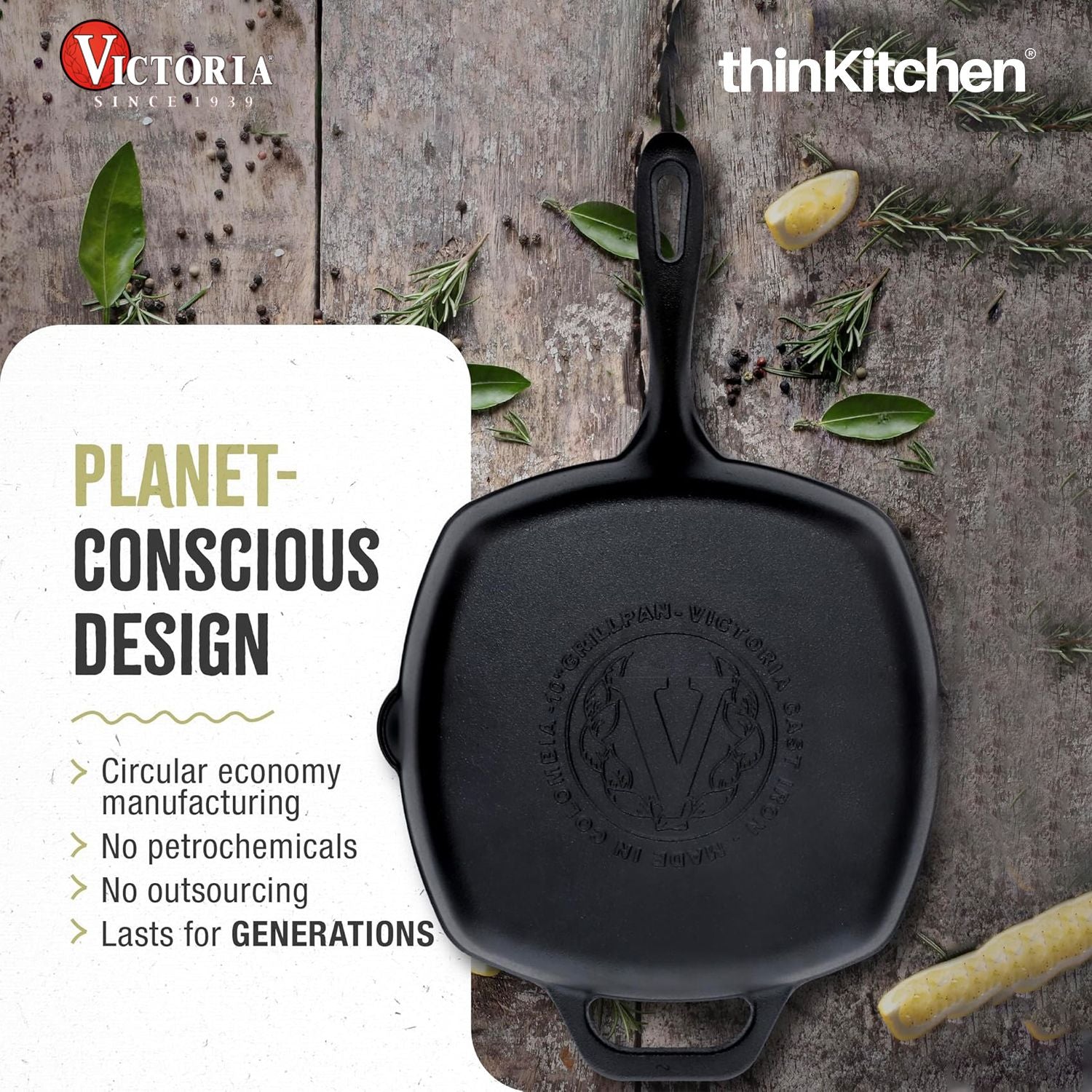 Victoria Cast Iron Grill Pan. Square Grill Pan, Seasoned with 100% Kosher Certified Non-GMO Flaxseed Oil, 10 Inch Black - 1