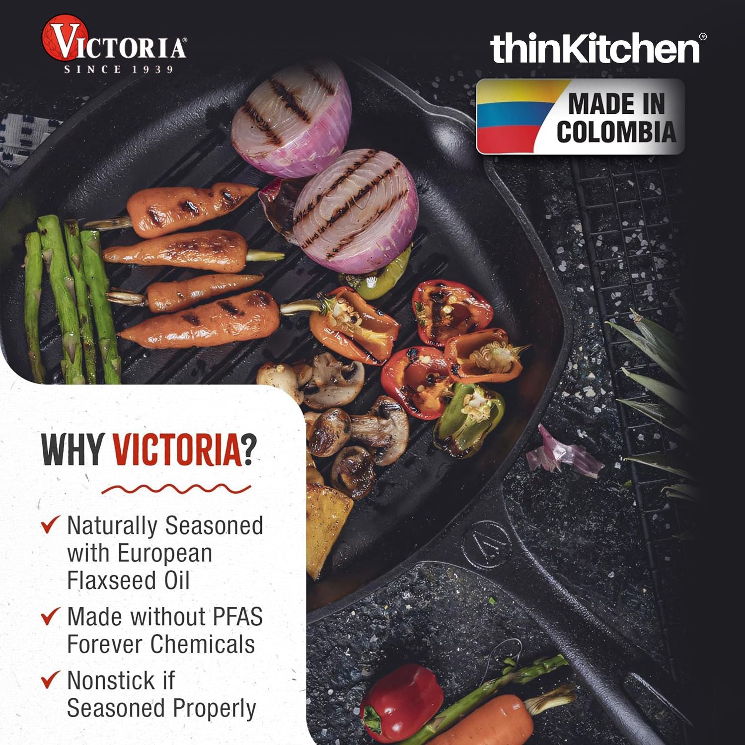 Victoria Cast Iron Grill Pan. Square Grill Pan, Seasoned with 100% Kosher Certified Non-GMO Flaxseed Oil, 10 Inch Black - 2