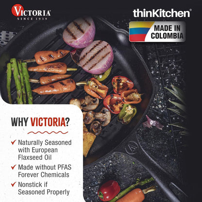 Victoria Cast Iron Grill Pan. Square Grill Pan, Seasoned with 100% Kosher Certified Non-GMO Flaxseed Oil, 10 Inch Black