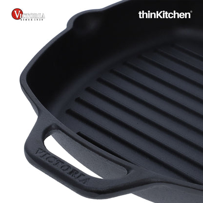 Victoria Cast Iron Grill Pan. Square Grill Pan, Seasoned with 100% Kosher Certified Non-GMO Flaxseed Oil, 10 Inch Black