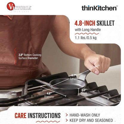 Victoria 4-Inch Cast Iron Skillet, Pre-Seasoned Cast Iron Frying Pan with Long Handle, Made in Colombia