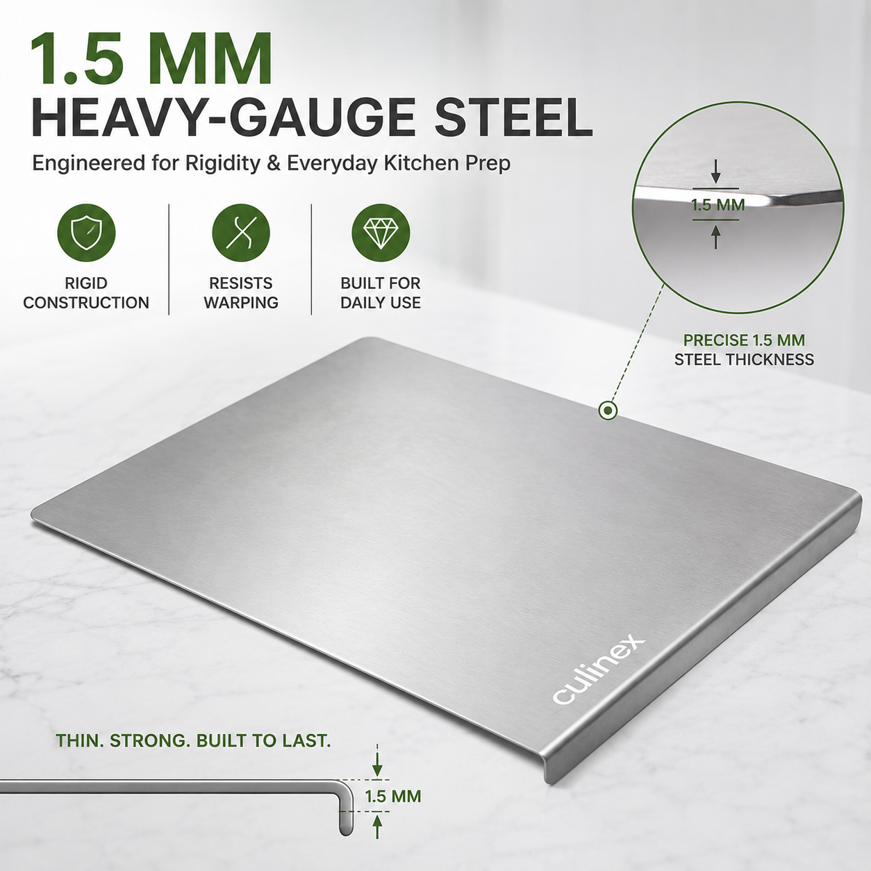 Premium Stainless Steel Counter Top Chopping Board 1.5 mm Thick – 12 x 16 Inches |  Heavy Duty Food-Grade Metal Kitchen Cutting Board - 10