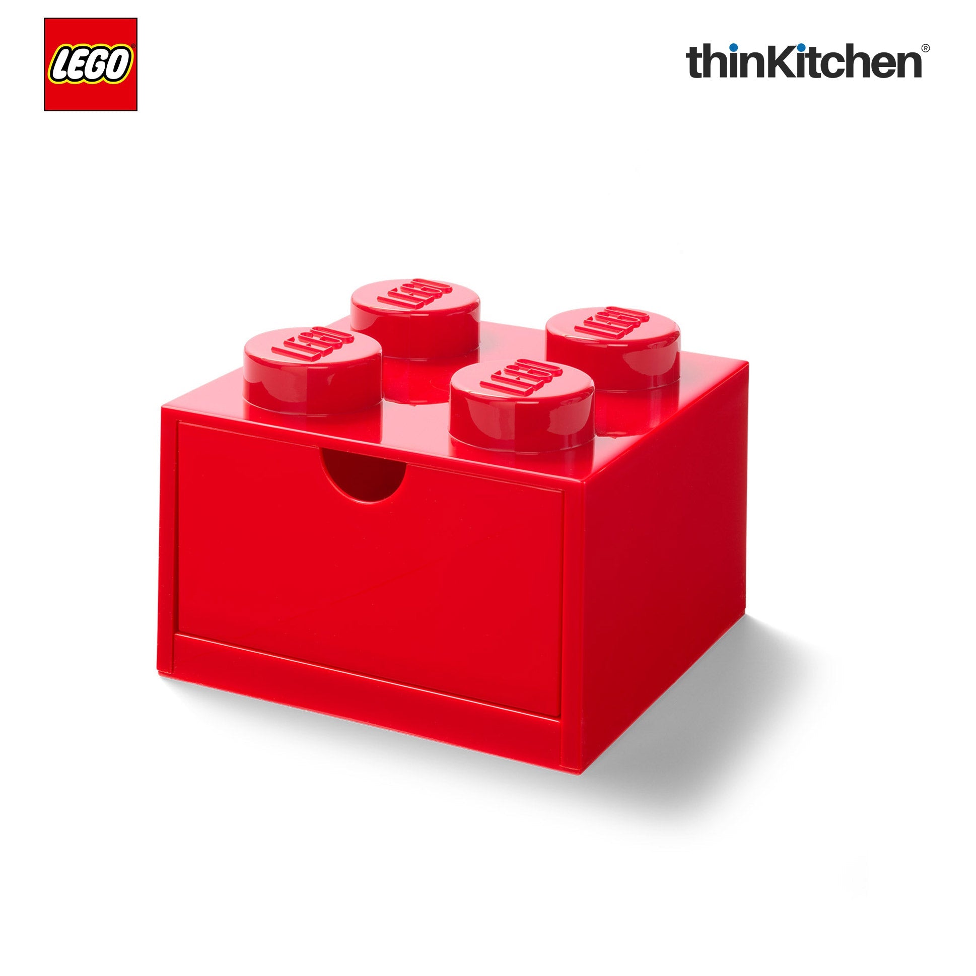 LEGO Small Stackable Storage Box with  Drawer - 4 Knobs, 2.9 L, Red  | Plastic Desk Organizer, Toy Storage Box - 4