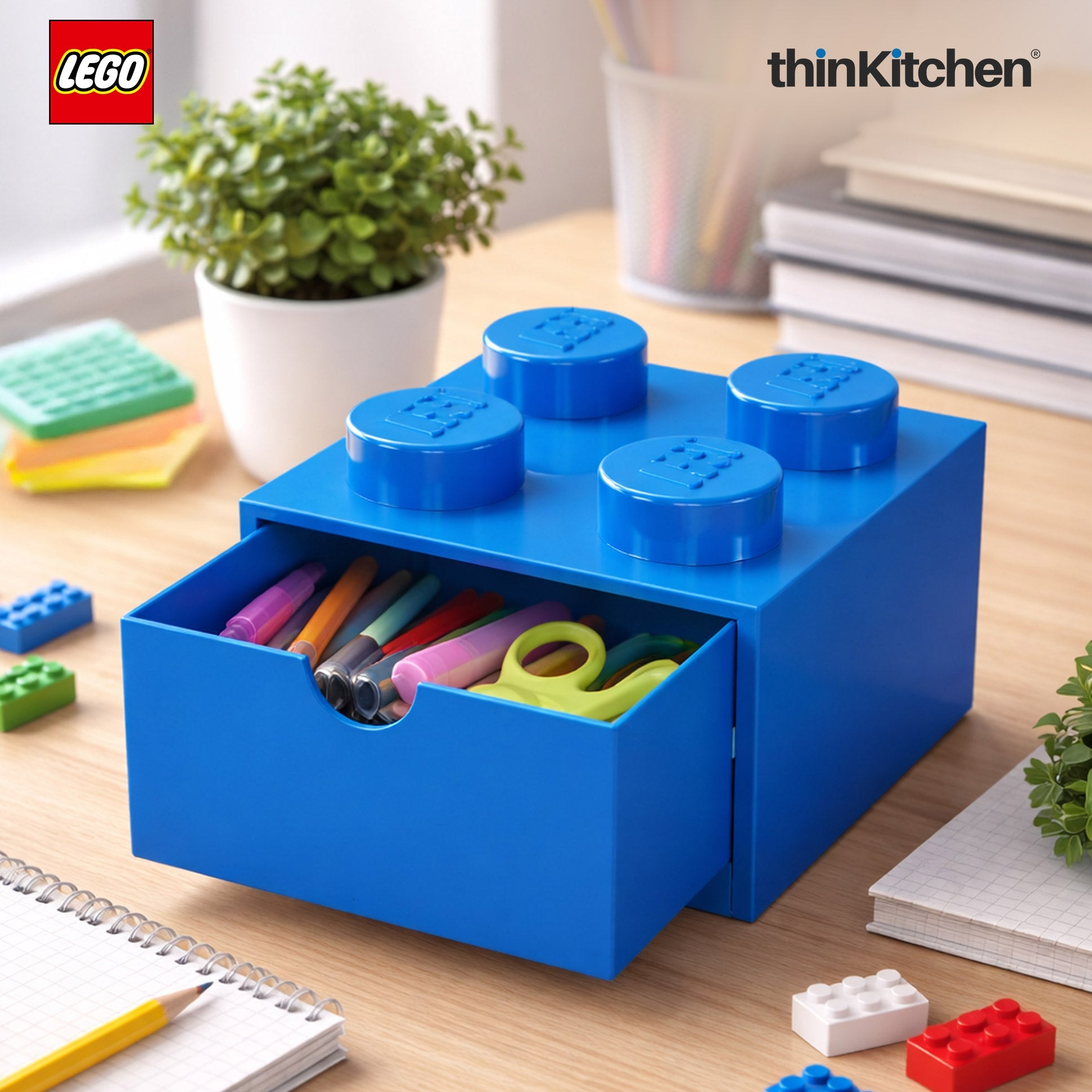 LEGO Small Stackable Storage Box with  Drawer - 4 Knobs, 2.9 L, Blue | Plastic Desk Organizer, Toy Storage Box - 3