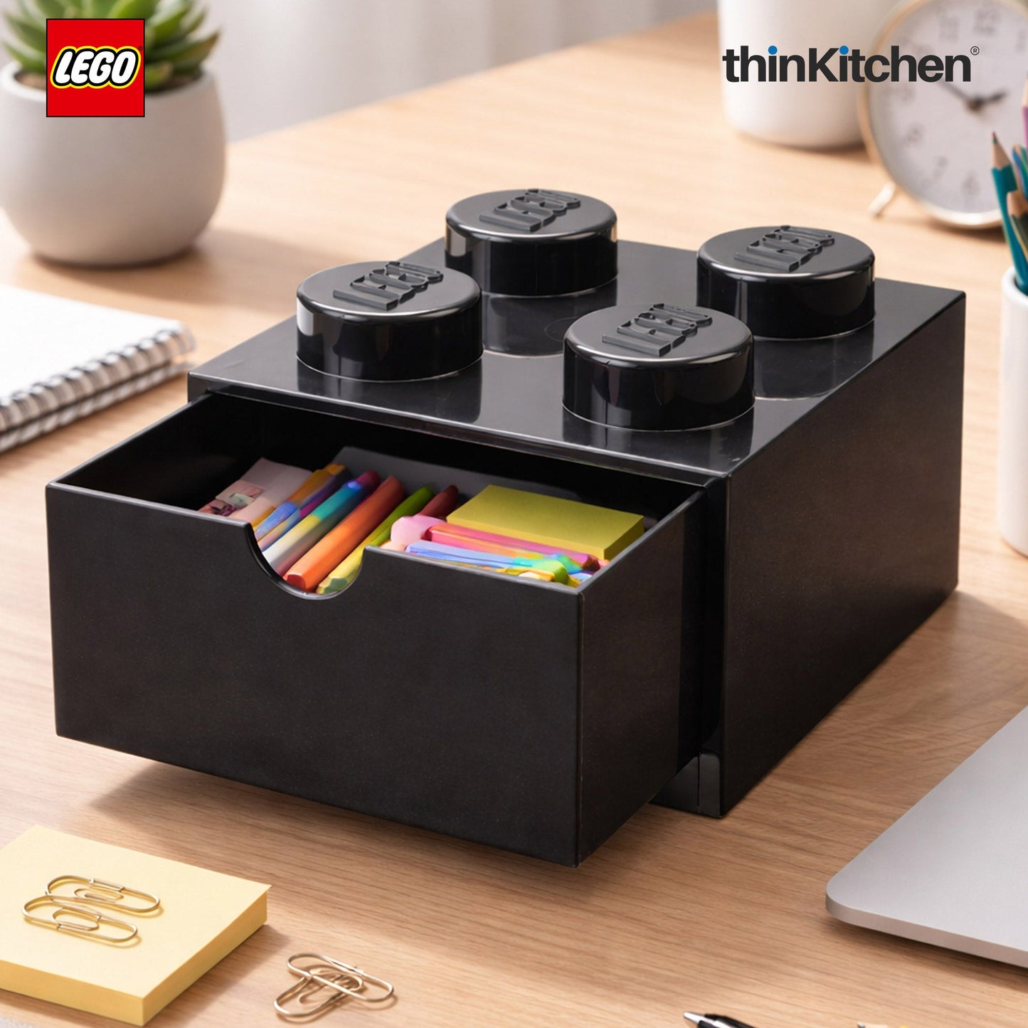 LEGO Small Stackable Storage Box with  Drawer - 4 Knobs, 2.9 L, Black | Plastic Desk Organizer, Toy Storage Box