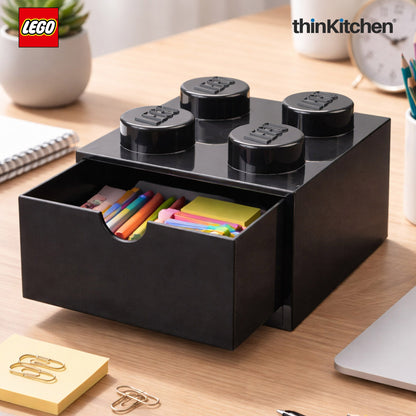 LEGO Small Stackable Storage Box with  Drawer - 4 Knobs, 2.9 L, Black | Plastic Desk Organizer, Toy Storage Box