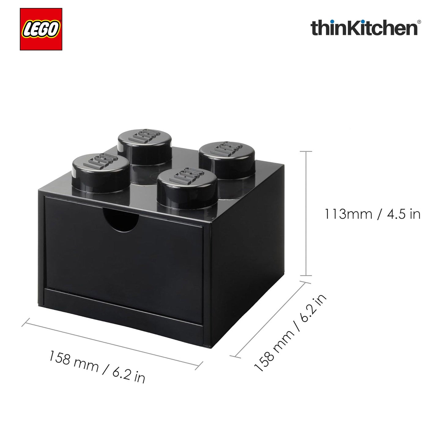 LEGO Small Stackable Storage Box with  Drawer - 4 Knobs, 2.9 L, Black | Plastic Desk Organizer, Toy Storage Box