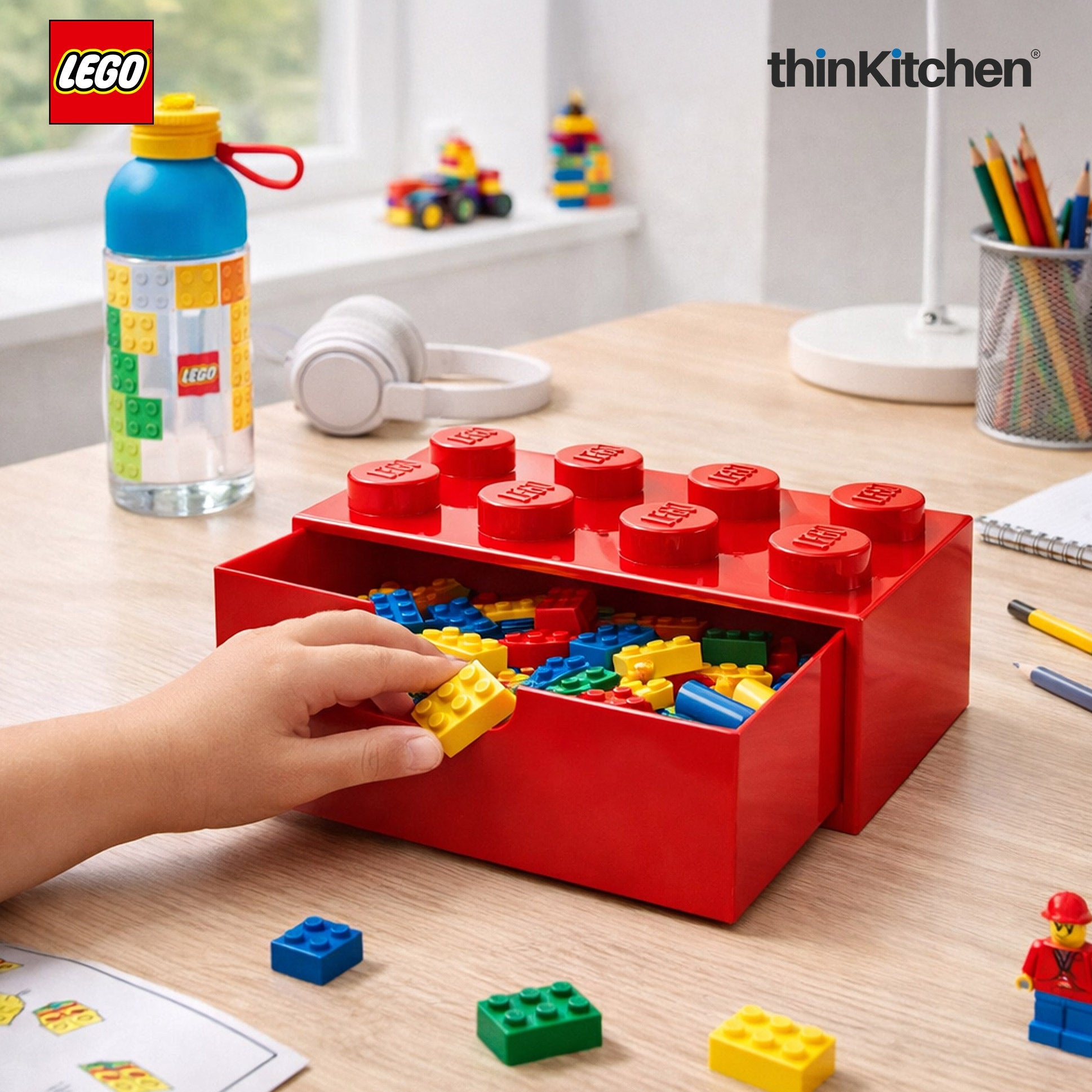 LEGO Large Stackable Storage Box with  Drawer - 8 Knobs, 5.8 L, Red  | Plastic Desk Organizer , Toy Storage Box - 3