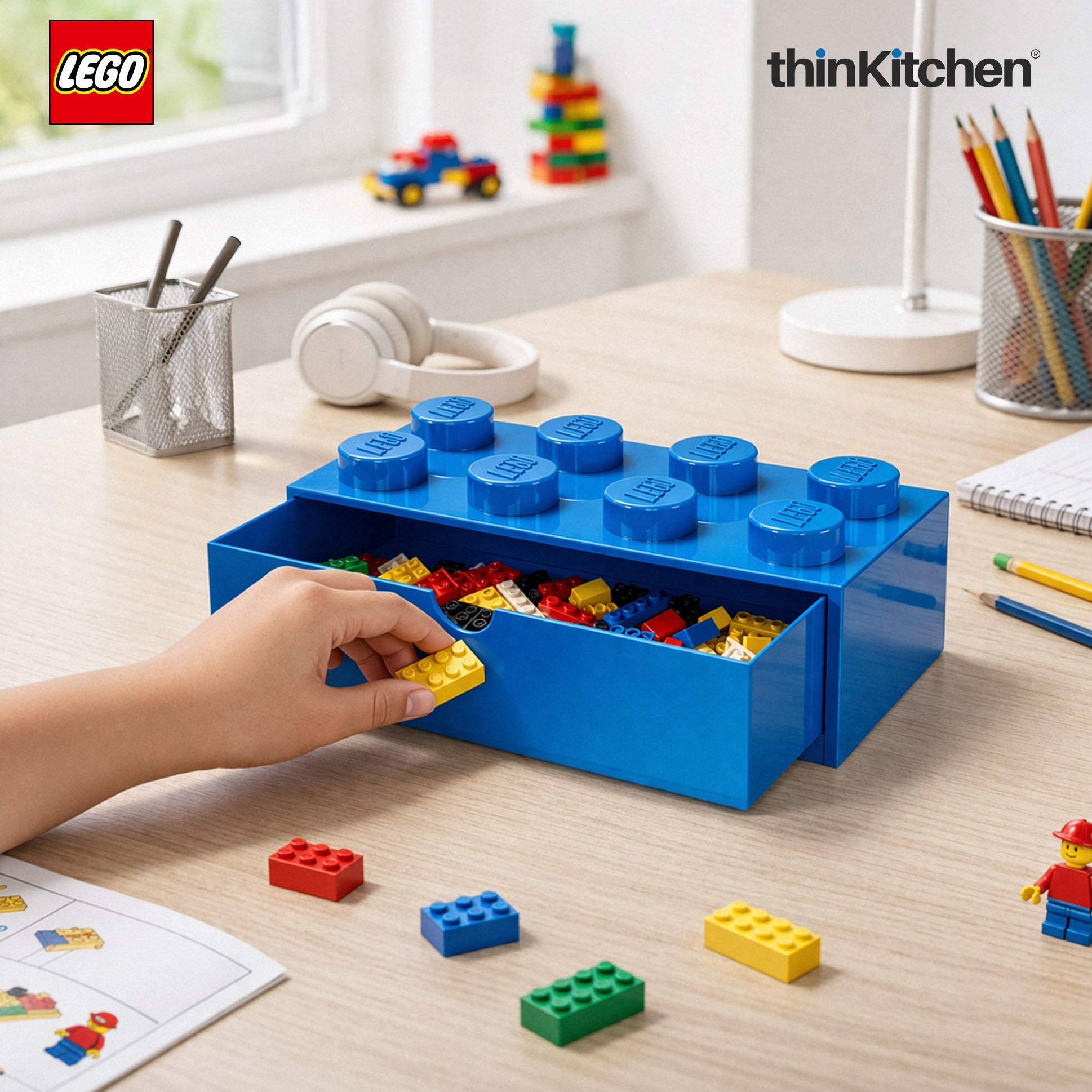 LEGO Large Stackable Storage Box with  Drawer - 8 Knobs, 5.8 L, Blue  | Plastic Desk Organizer , Toy Storage Box - 5