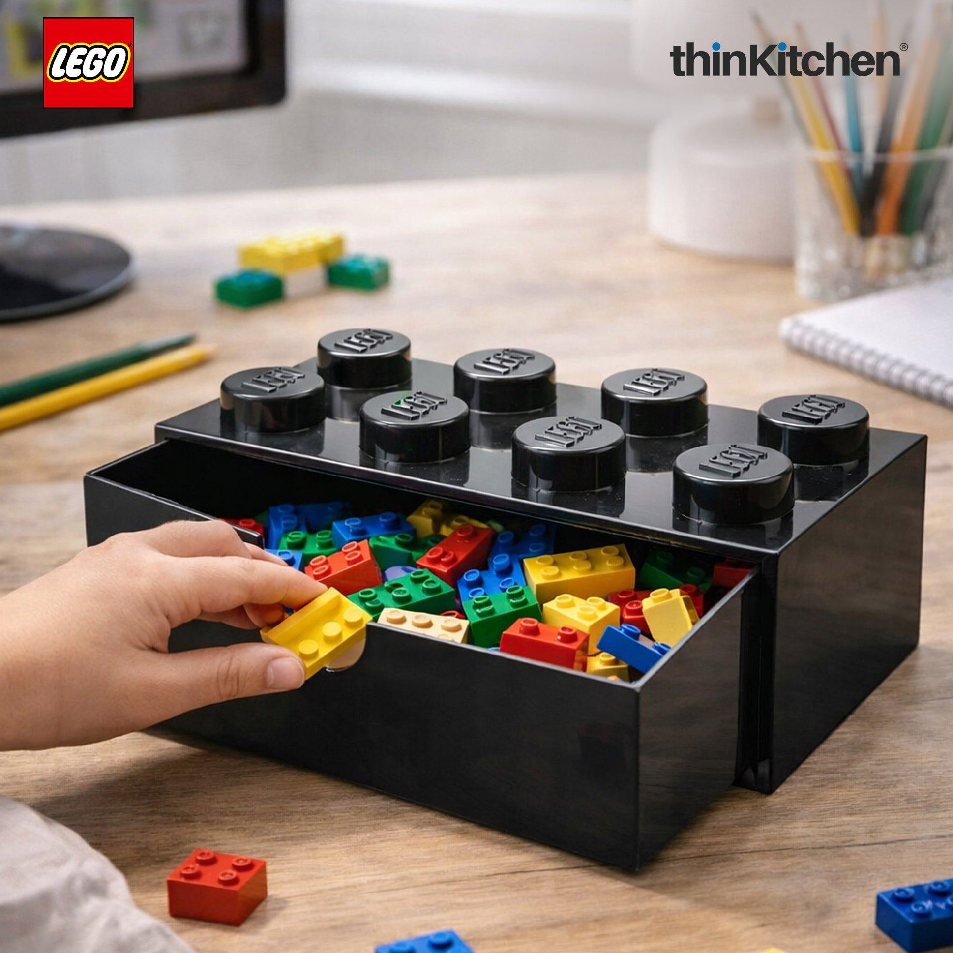 LEGO Large Stackable Storage Box with  Drawer - 8 Knobs, 5.8 L, Black | Plastic Desk Organizer , Toy Storage Box - 5