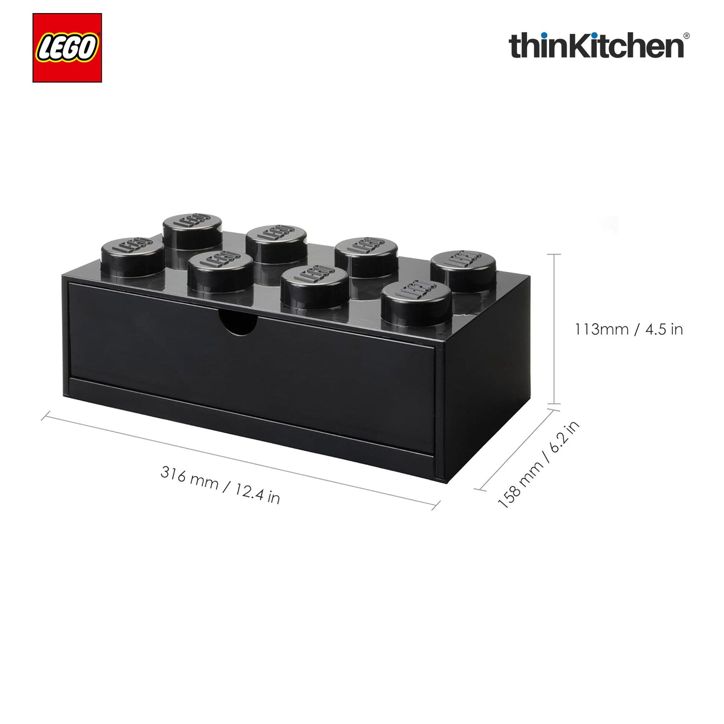 LEGO Large Stackable Storage Box with  Drawer - 8 Knobs, 5.8 L, Black | Plastic Desk Organizer , Toy Storage Box
