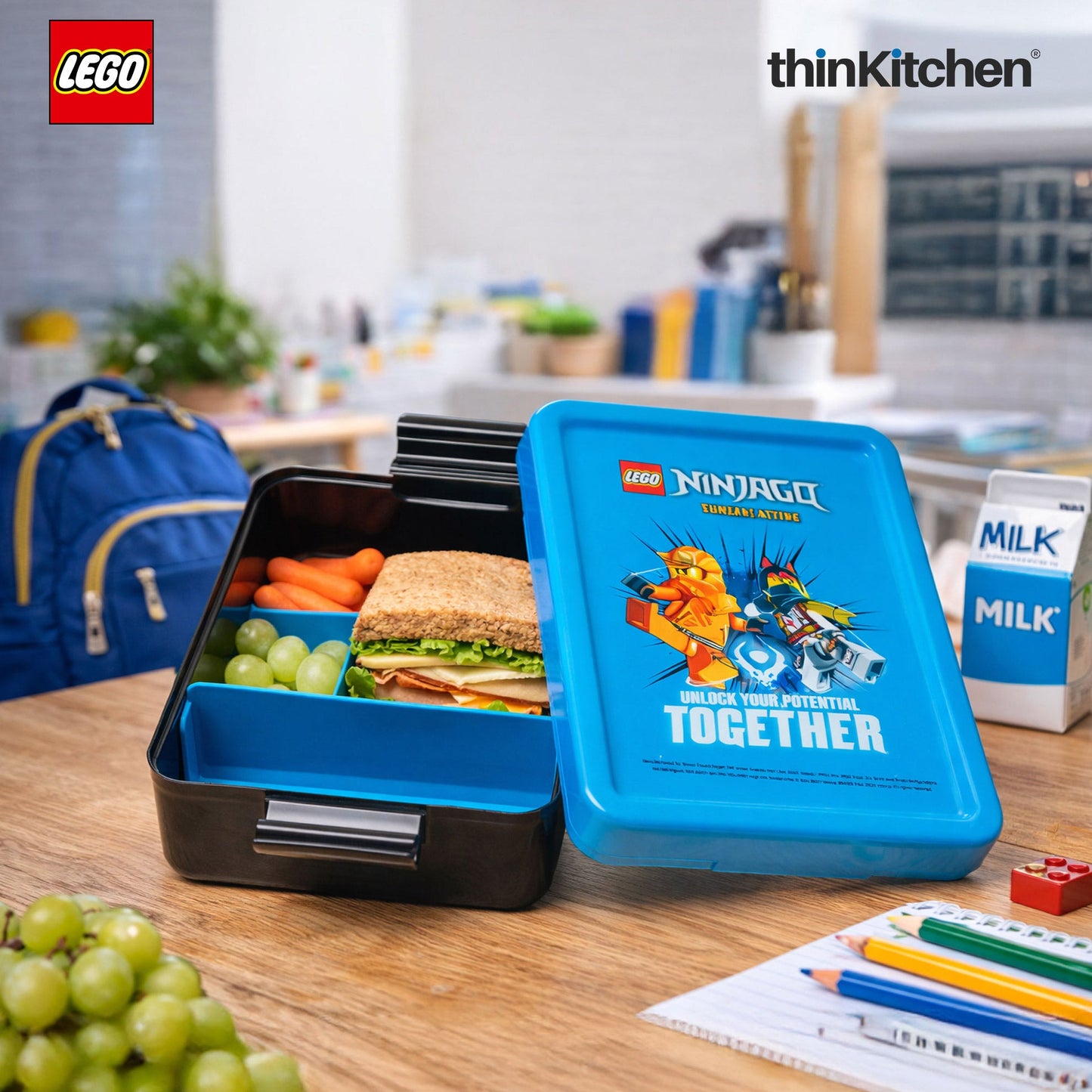 LEGO Ninjago Series Kids Lunch Box with Divider 1.7L (Blue & Black) | BPA Free, Kids Lunch Box for School, Snack Box, Travel Lunchbox