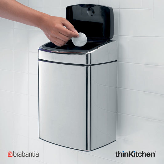Brabantia, Touch Bins, Dustbin, Touch Bin, 10 Litre, Rectangular, Plastic Bucket, Brilliant Steel