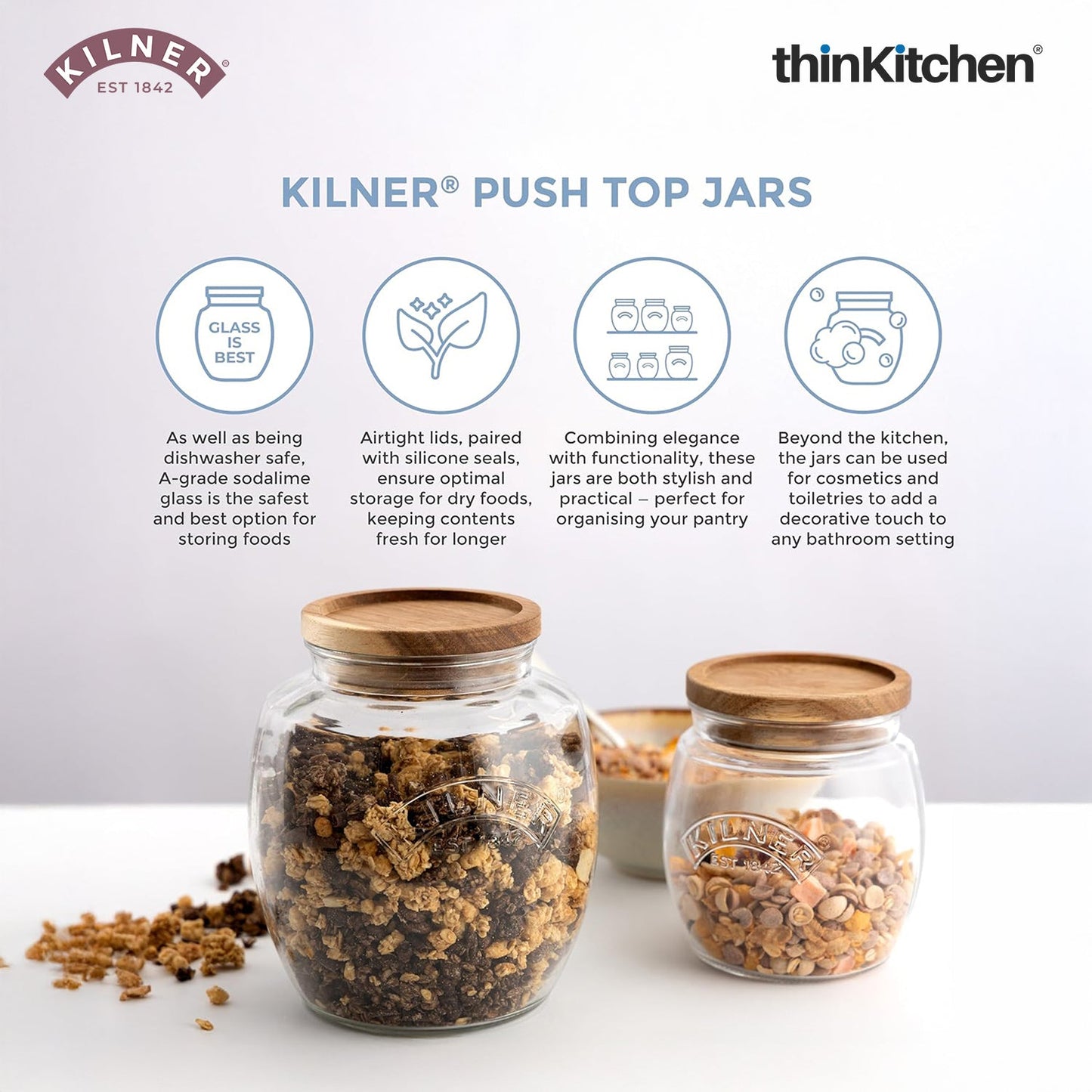 Kilner Premium Universal Airtight Glass Jar Set of 2 with Wooden Lid - 850ml | BPA Free, Reusable Kitchen Food Container for Dry Food, Grains, Pasta, Cereals, Pulses