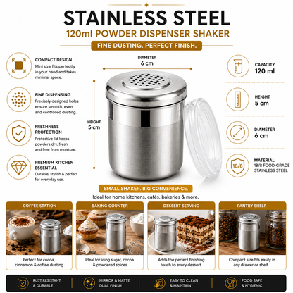 Culinex Stainless Steel Small Portable 120ml Fine Dispenser Shaker for Icing Sugar, Cocoa, Cinnamon, Baking Sprinkler  - 6 x 5 cms