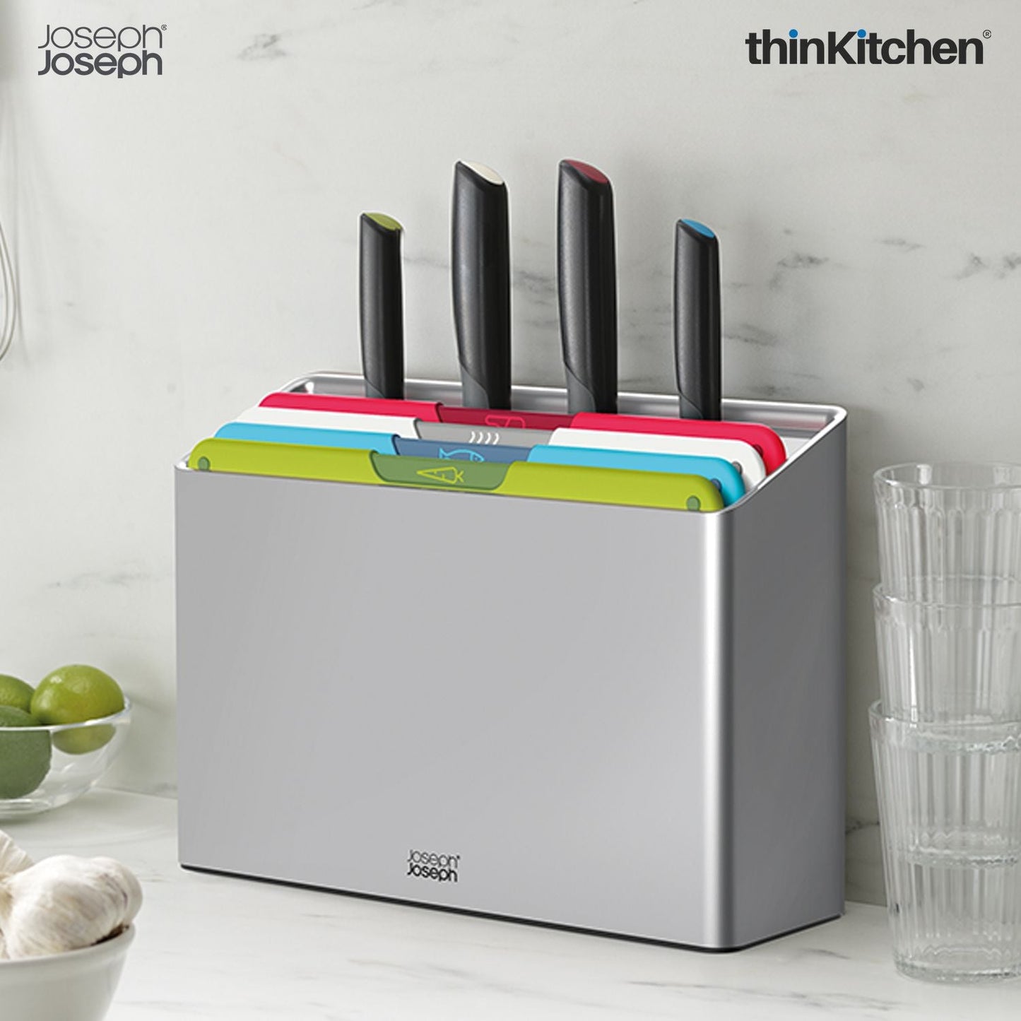 Joseph Joseph Folio Icon Plus 8-Piece Knife & Chopping Board Set | Stylish Chopping Board and Knife Set for Hygienic, Organised Prep