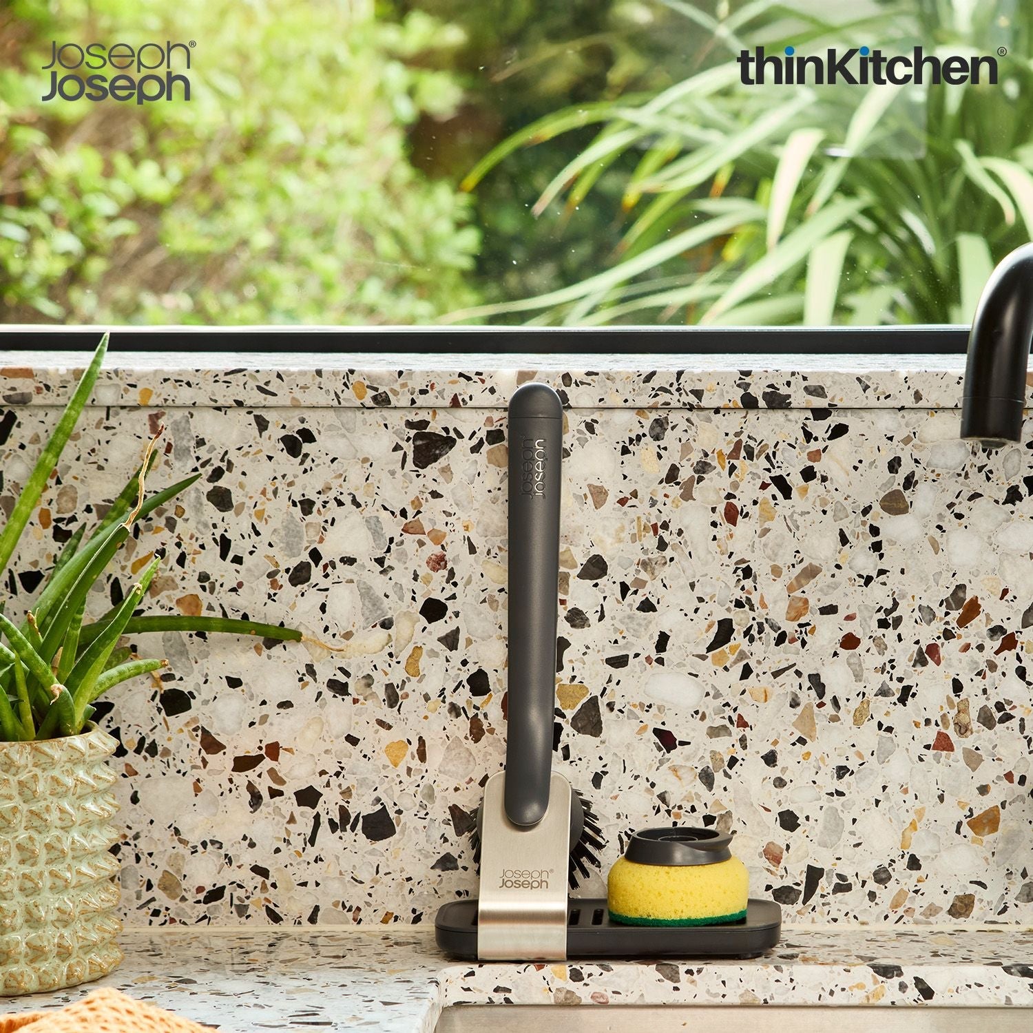 Joseph Joseph SinkTech Dish Brush and Sponge Set with Large Stainless-Steel Storage Stand, Durable Bristles, Replaceable Heads - 1