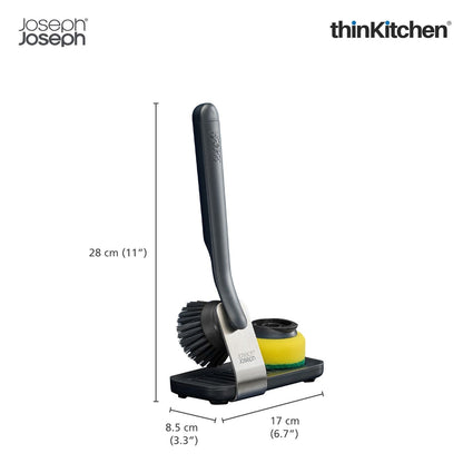 Joseph Joseph SinkTech Dish Brush and Sponge Set with Large Stainless-Steel Storage Stand, Durable Bristles, Replaceable Heads