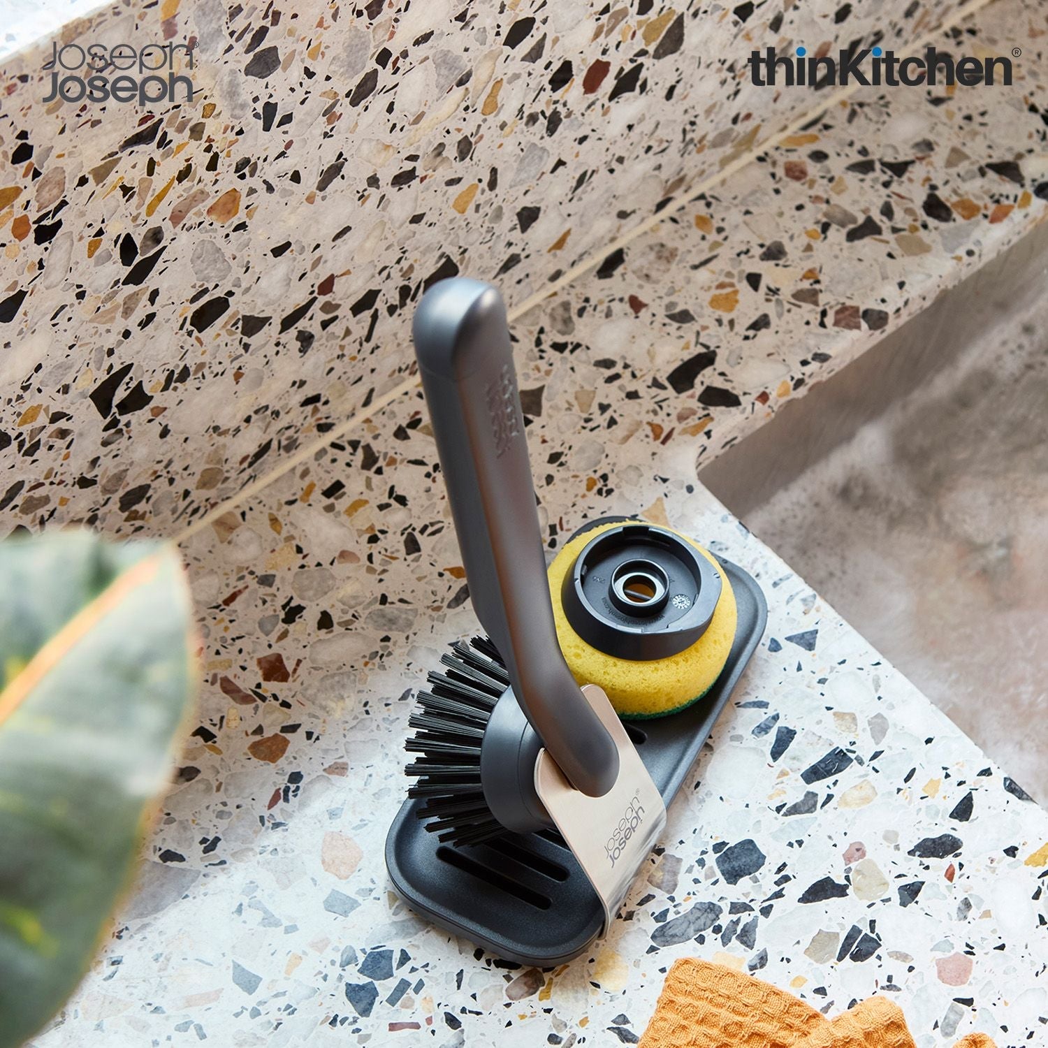 Joseph Joseph SinkTech Dish Brush and Sponge Set with Large Stainless-Steel Storage Stand, Durable Bristles, Replaceable Heads - 2