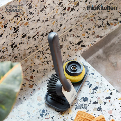 Joseph Joseph SinkTech Dish Brush and Sponge Set with Large Stainless-Steel Storage Stand, Durable Bristles, Replaceable Heads