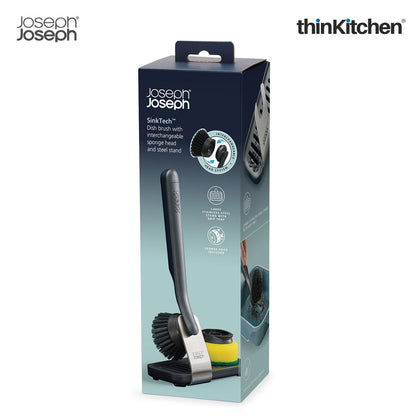 Joseph Joseph SinkTech Dish Brush and Sponge Set with Large Stainless-Steel Storage Stand, Durable Bristles, Replaceable Heads