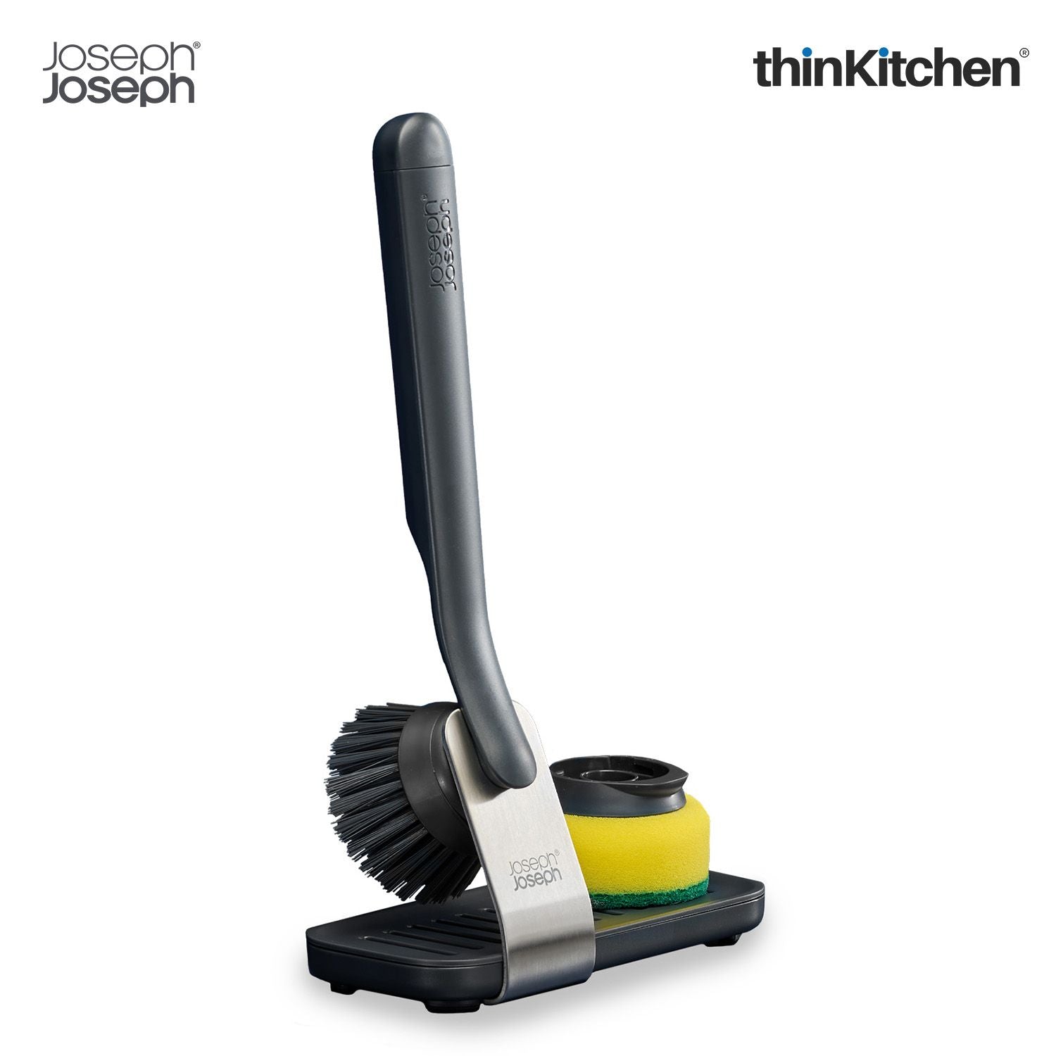 Joseph Joseph SinkTech Dish Brush and Sponge Set with Large Stainless-Steel Storage Stand, Durable Bristles, Replaceable Heads - 7