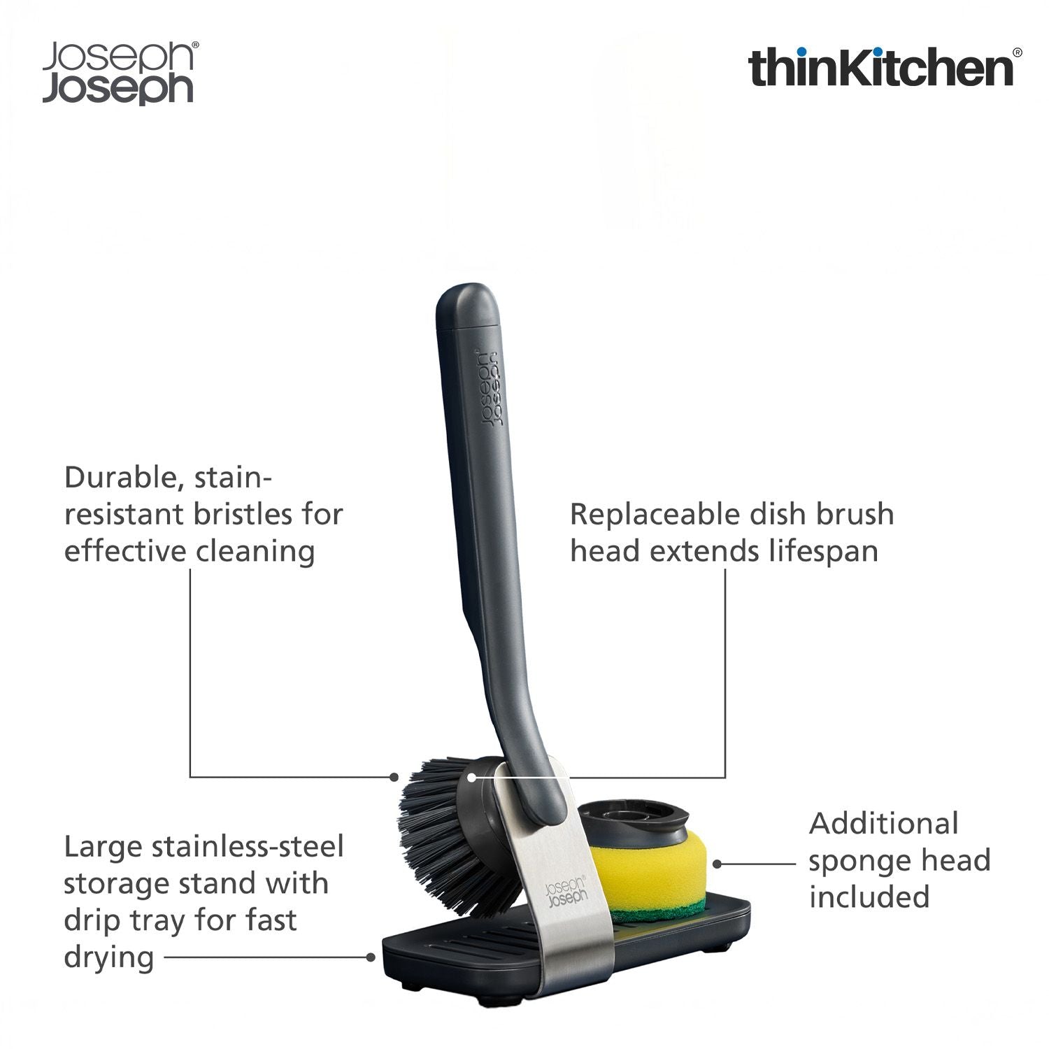 Joseph Joseph SinkTech Dish Brush and Sponge Set with Large Stainless-Steel Storage Stand, Durable Bristles, Replaceable Heads - 8