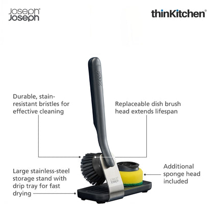 Joseph Joseph SinkTech Dish Brush and Sponge Set with Large Stainless-Steel Storage Stand, Durable Bristles, Replaceable Heads