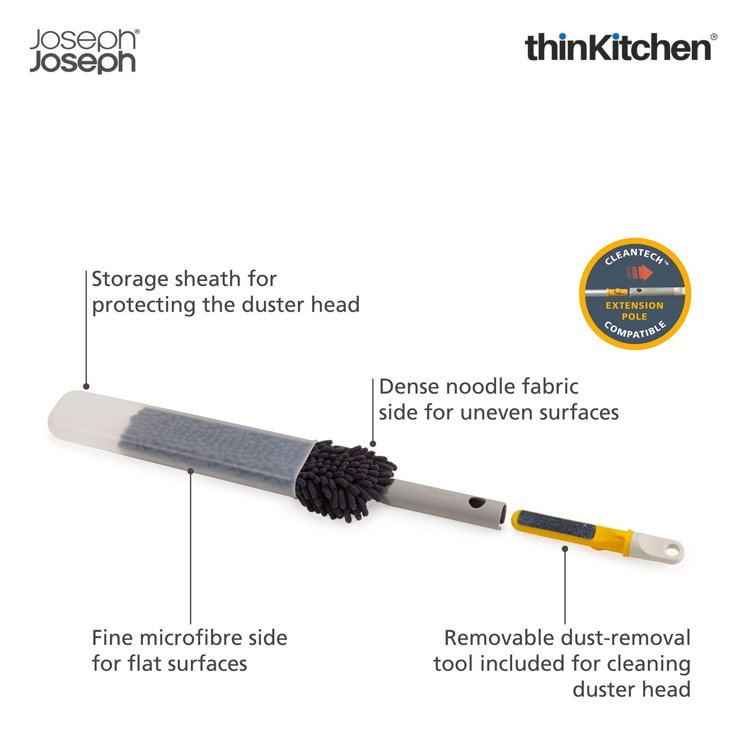 Joseph Joseph CleanTech 3-in-1 Duster with Storage Sheath and Duster Head Cleaning Tool, Light Stone - 11