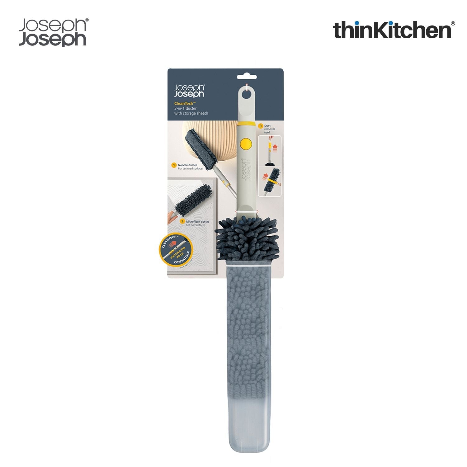 Joseph Joseph CleanTech 3-in-1 Duster with Storage Sheath and Duster Head Cleaning Tool, Light Stone - 9