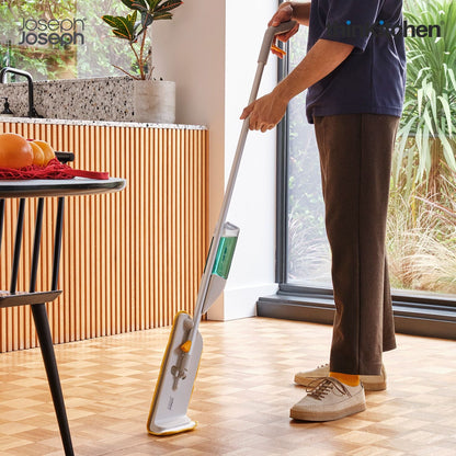 Joseph Joseph CleanTech 2-in-1 Spray Mop with Washable Microfibre Cleaning Pad, Spot-Cleaning Scrubber, Easy-Pull Trigger, Refillable Bottle, Light Stone