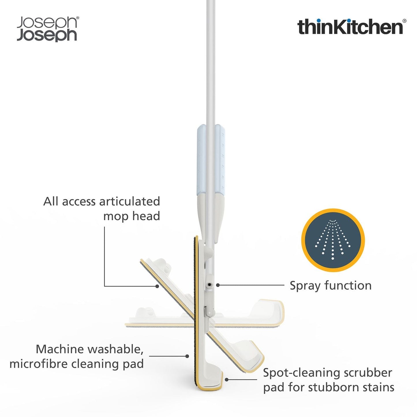 Joseph Joseph CleanTech 2-in-1 Spray Mop with Washable Microfibre Cleaning Pad, Spot-Cleaning Scrubber, Easy-Pull Trigger, Refillable Bottle, Light Stone