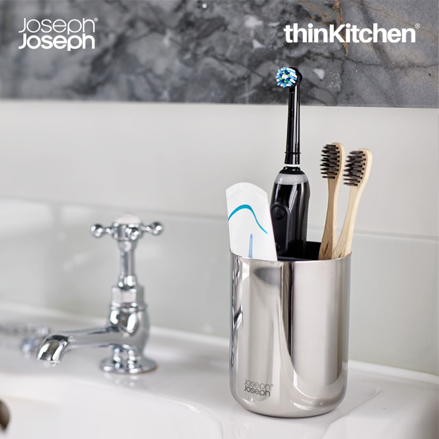 Joseph Joseph EasyStore Luxe Quick-drain Stainless-steel: Soap Dish x Toothbrush Caddy Combo set - 8