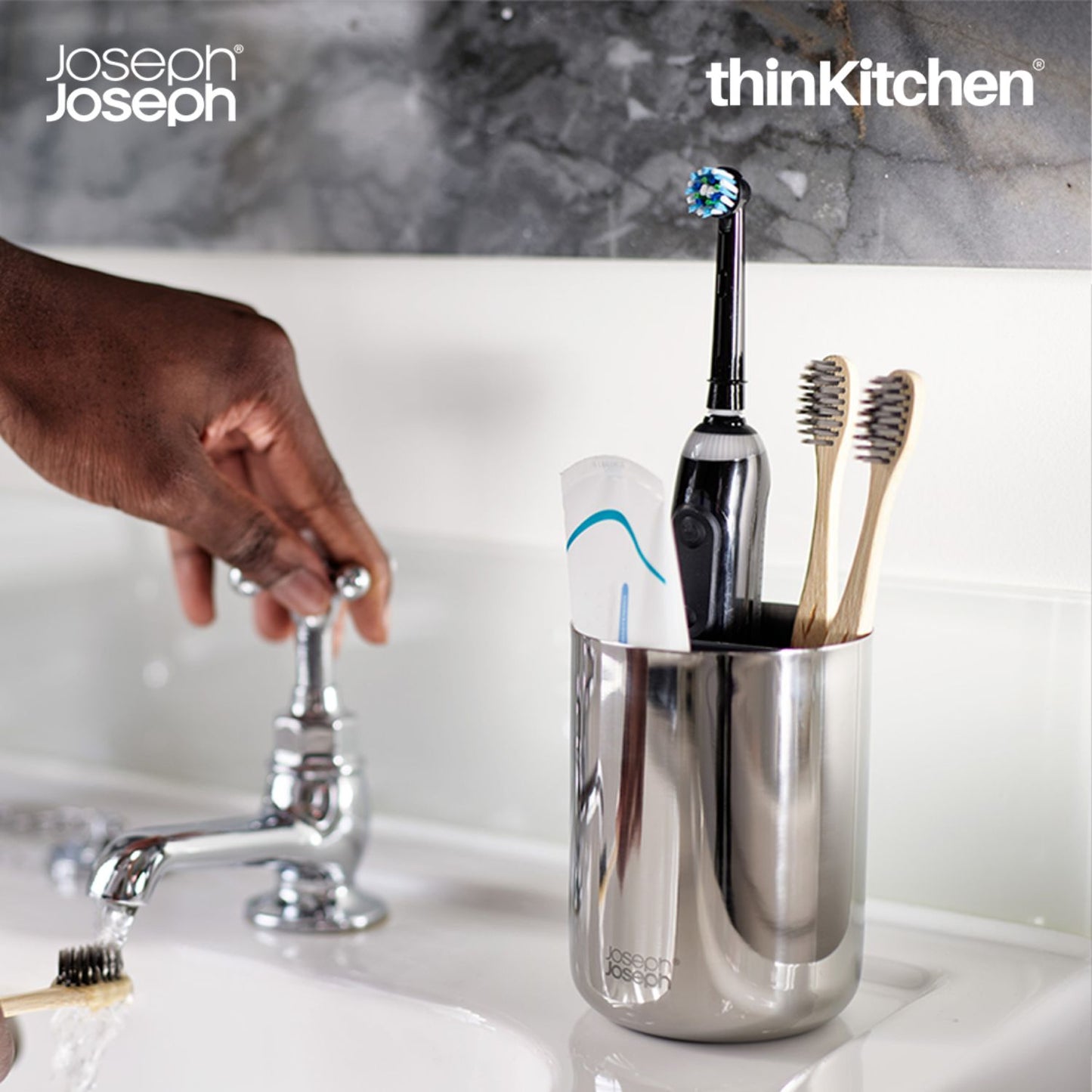 Joseph Joseph EasyStore Luxe Quick-drain Stainless-steel: Soap Dish x Toothbrush Caddy Combo set