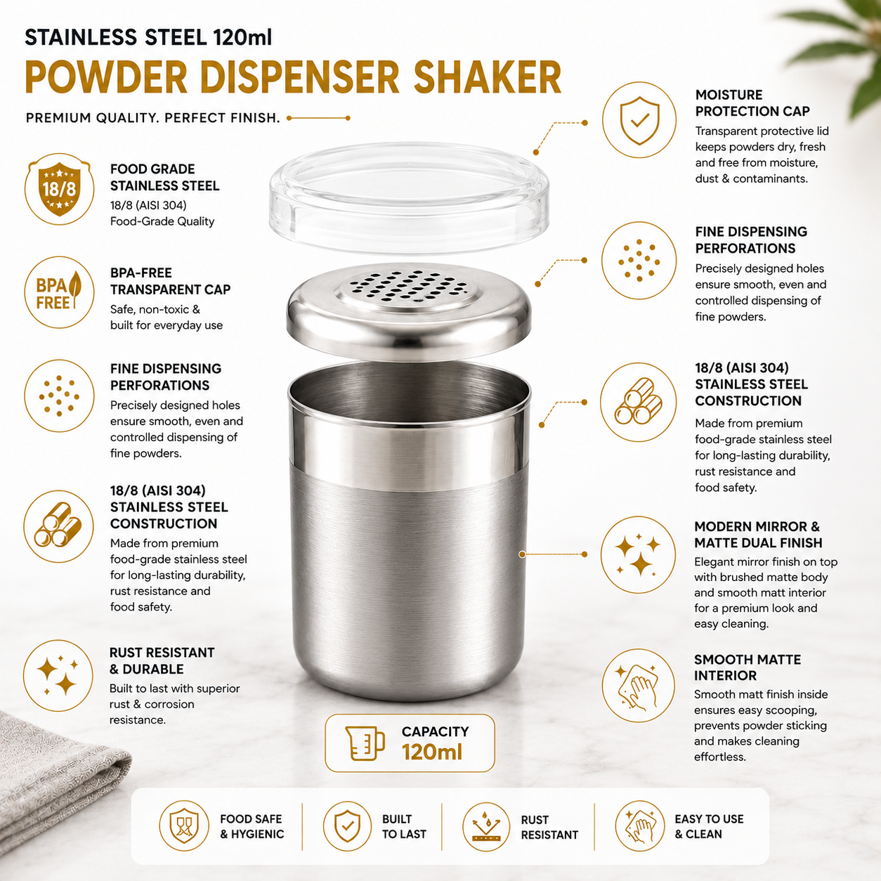 Culinex Stainless Steel Small Portable 120ml Fine Dispenser Shaker for Icing Sugar, Cocoa, Cinnamon, Baking Sprinkler  - 6 x 5 cms - 5