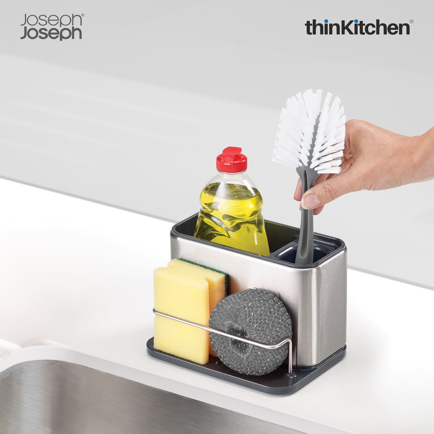 Joseph Joseph Kitchen Sink Caddy With Sponge Holder – Grey | Compact Sink Organiser With Drainage & Cloth Rail | Kitchen Sink Tidy - 1