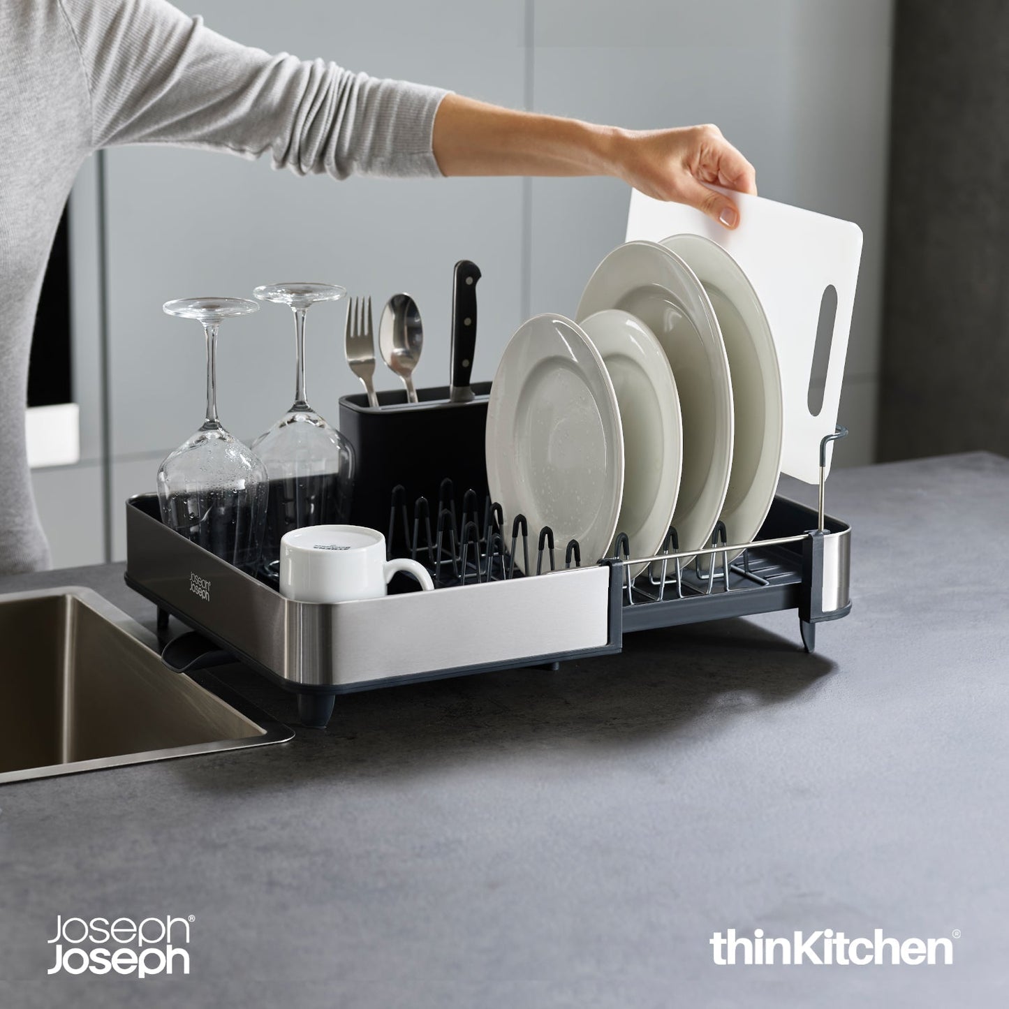Joseph Joseph Extend Steel Dish Rack x Surface™ Large Sink Caddy  with Sponge Holder, Grey combo set