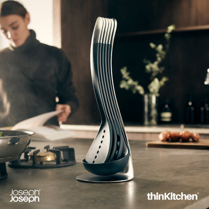 Joseph Joseph Nest 5-Piece Utensils Set with Magnetic Storage Stand – Grey | Premium Stacking Kitchen Tools with Heat-Resistant Nylon & Stainless-Steel Handles