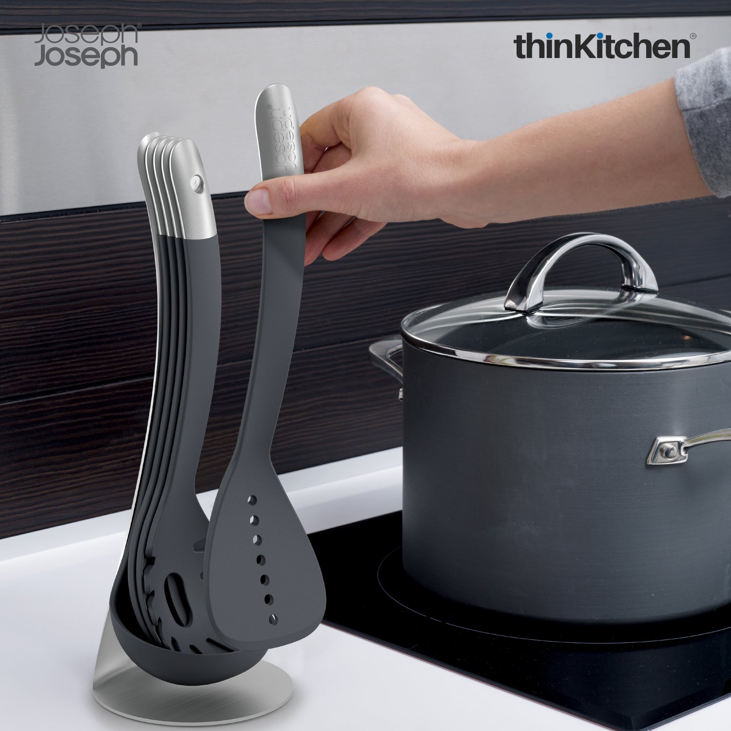 Joseph Joseph Nest 5-Piece Utensils Set with Magnetic Storage Stand – Grey | Premium Stacking Kitchen Tools with Heat-Resistant Nylon & Stainless-Steel Handles - 9