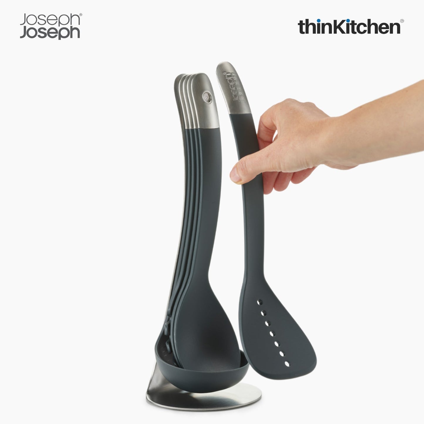 Joseph Joseph Nest 5-Piece Utensils Set with Magnetic Storage Stand – Grey | Premium Stacking Kitchen Tools with Heat-Resistant Nylon & Stainless-Steel Handles