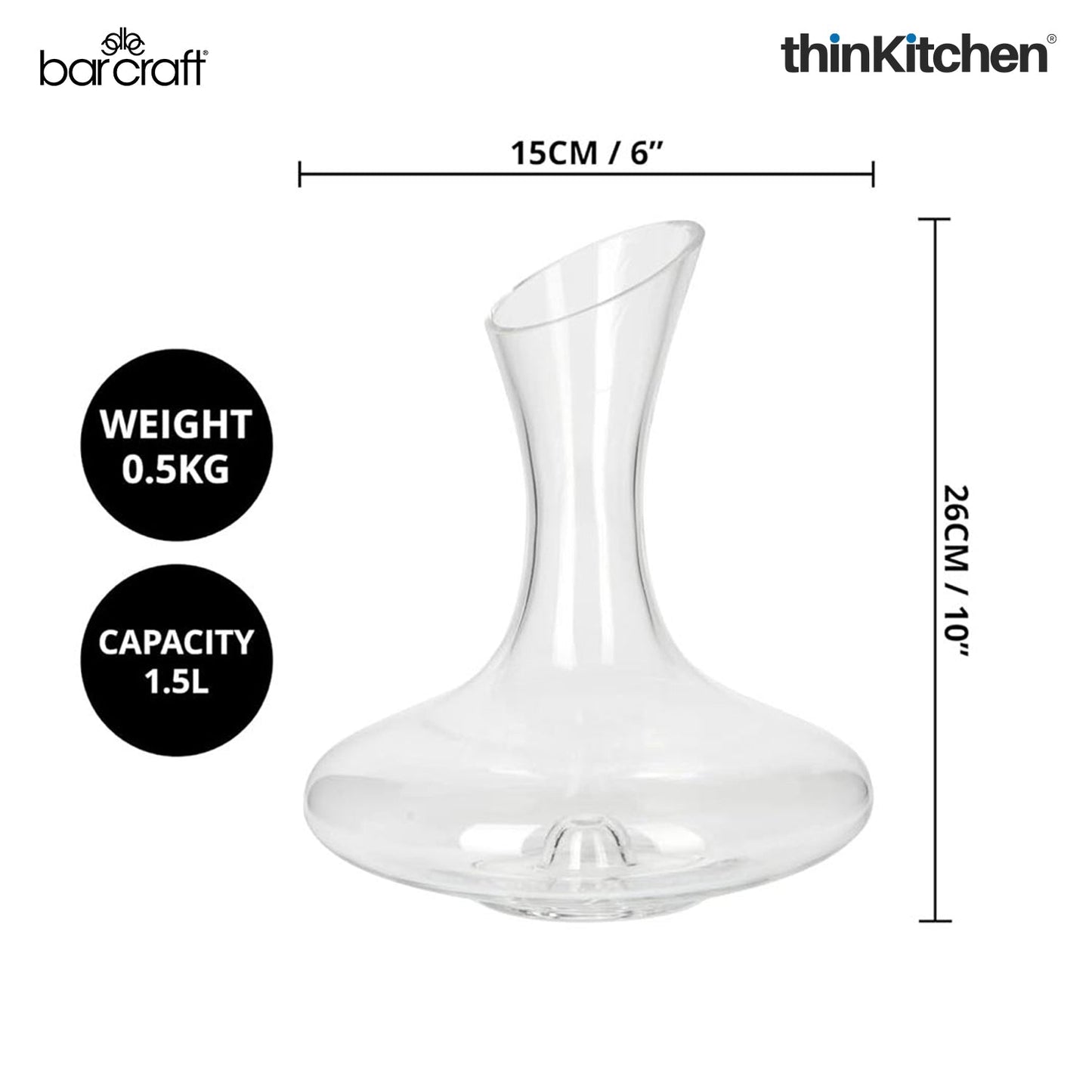 BarCraft Deluxe Glass Wine Decanter, 1.5 Litres, Gift Boxed
