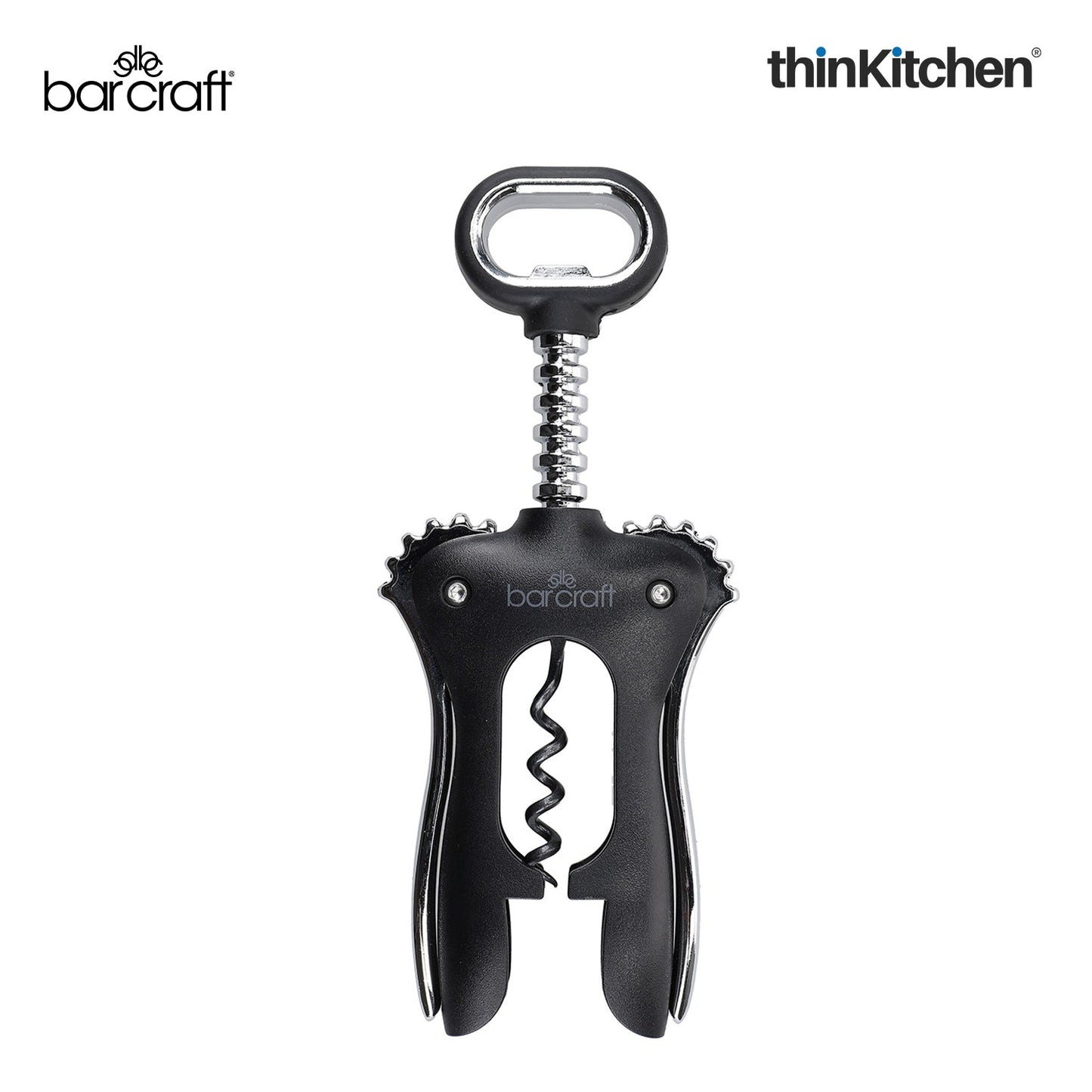BarCraft Premium Winged Corkscrew, Heavy-Duty Zinc Alloy Wine Bottle Opener with Non-Stick Spiral, Dishwasher Safe Wine Accessories, Barware Tool - Black and Silver
