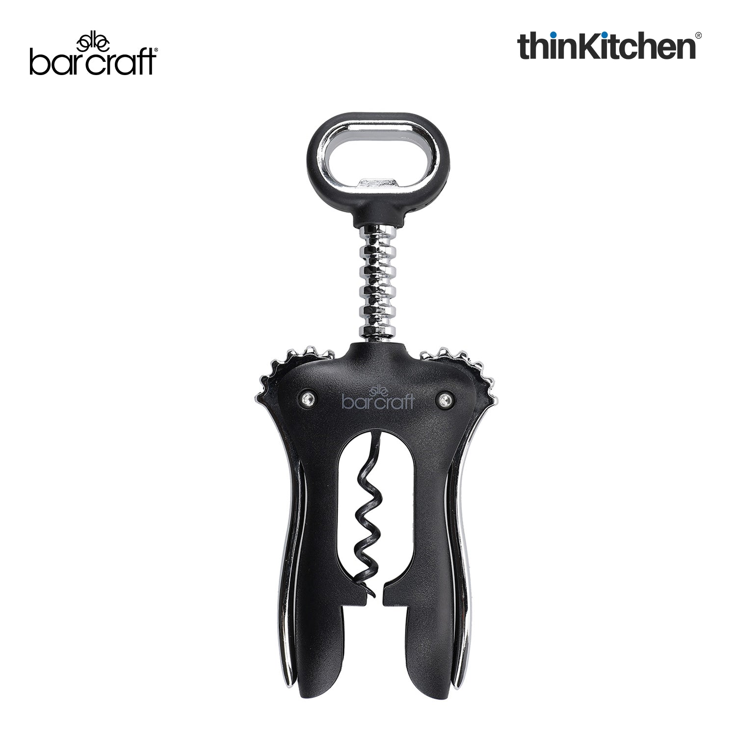 BarCraft Premium Winged Corkscrew, Heavy-Duty Zinc Alloy Wine Bottle Opener with Non-Stick Spiral, Dishwasher Safe Wine Accessories, Barware Tool - Black and Silver - 2