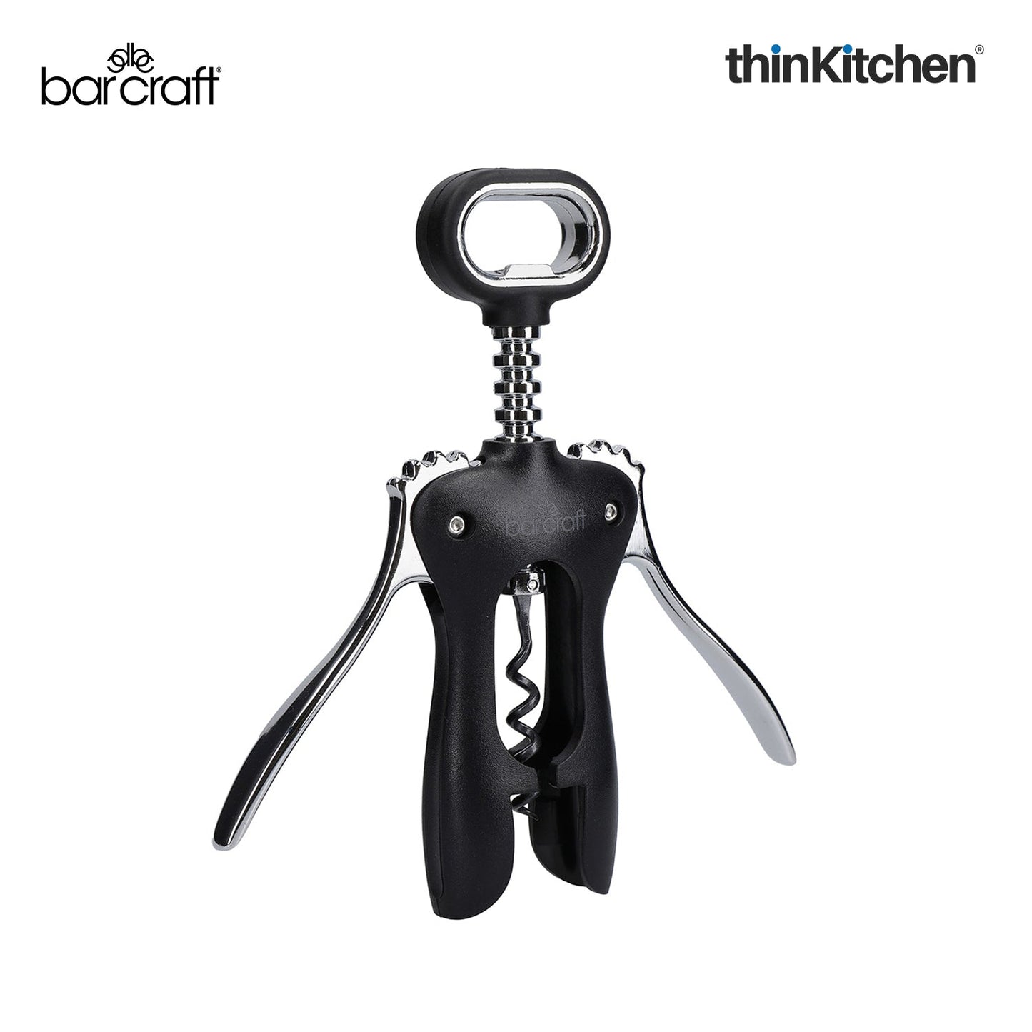 BarCraft Premium Winged Corkscrew, Heavy-Duty Zinc Alloy Wine Bottle Opener with Non-Stick Spiral, Dishwasher Safe Wine Accessories, Barware Tool - Black and Silver